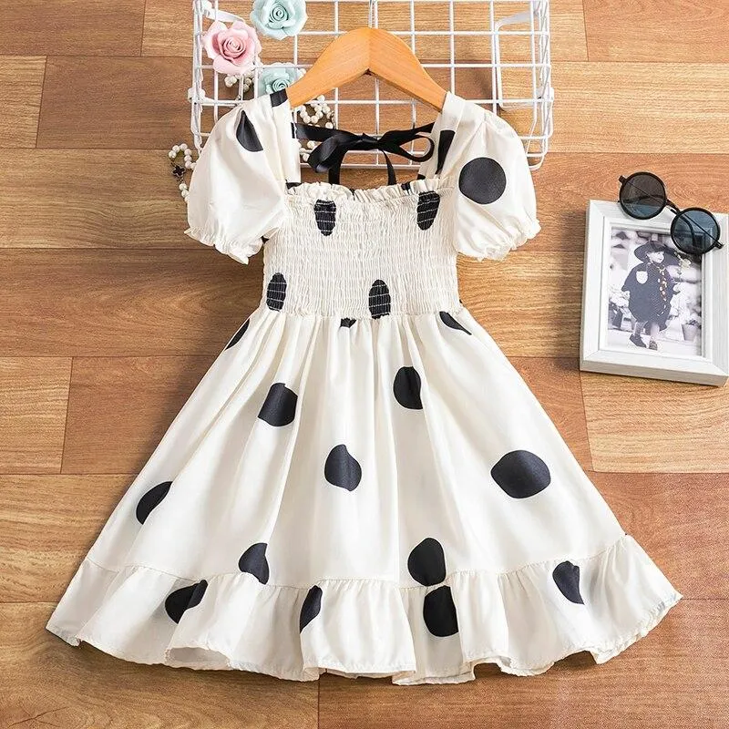Summer Fancy Pretty Girl Colorful Dots Dress Birthday Party Princess Dress Lace Ball Gown Elegant Dress Casual Dress Size 3-8T