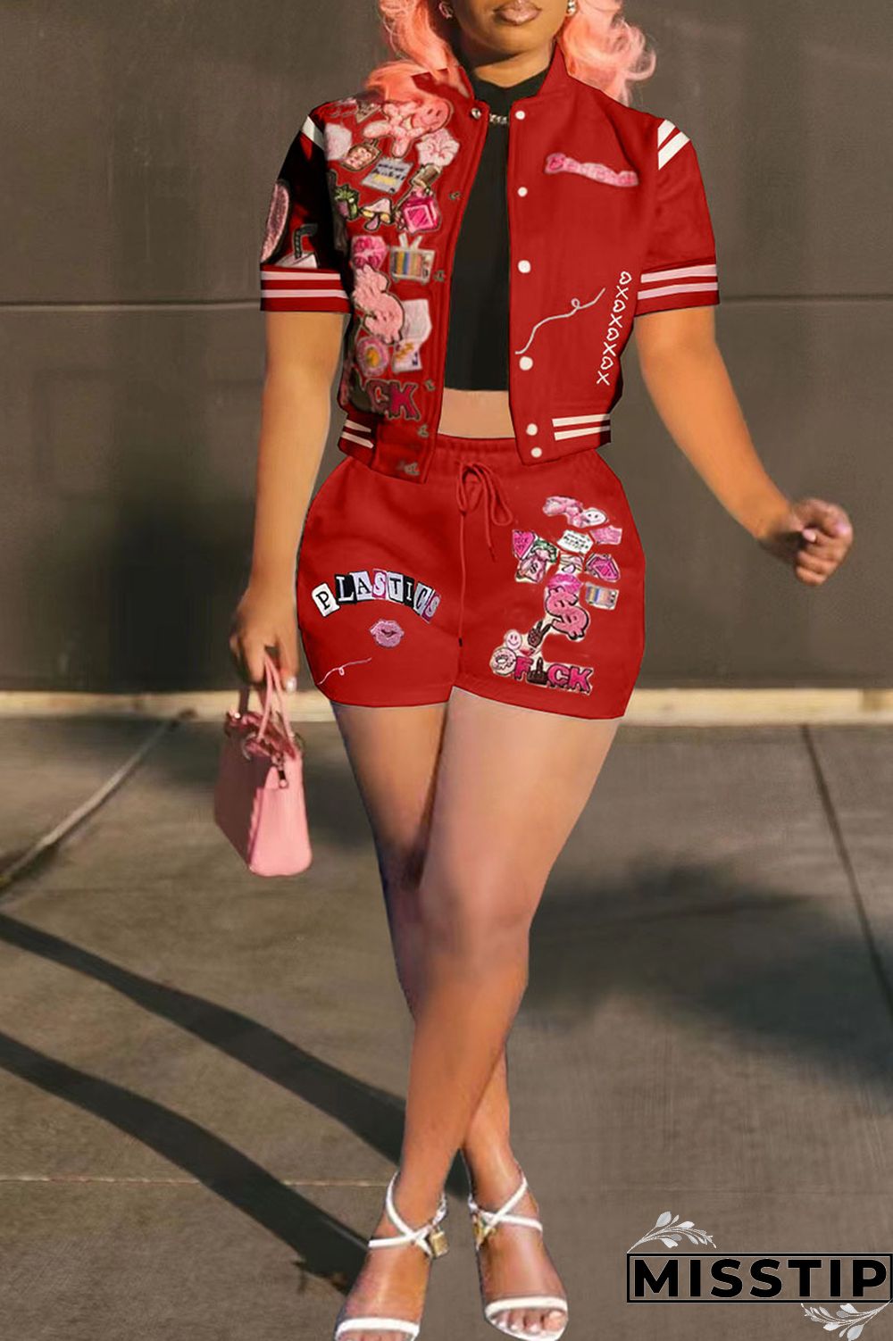 Cream White Casual Street Print Patchwork Buckle Short Sleeve Two Pieces