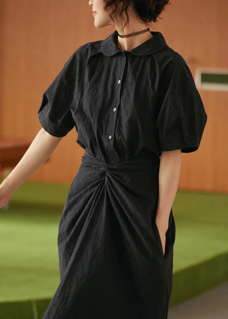 Women Black Peter Pan Collar Lace Up Cotton Dresses Summer