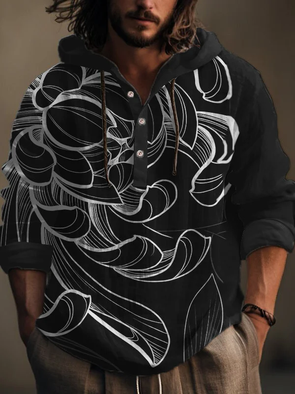 Men's Japanese Abstract Flower Blooming Art Print Hooded Shirt