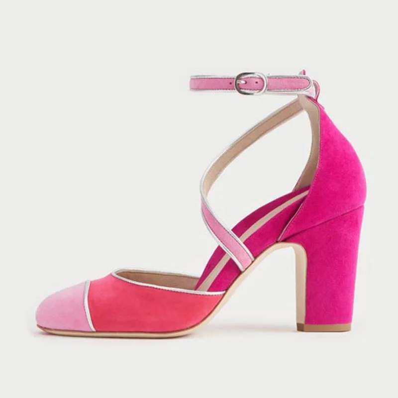 Pink Vegan Suede Patchwork Block Heel Pumps Ankle Strap Prom Shoes