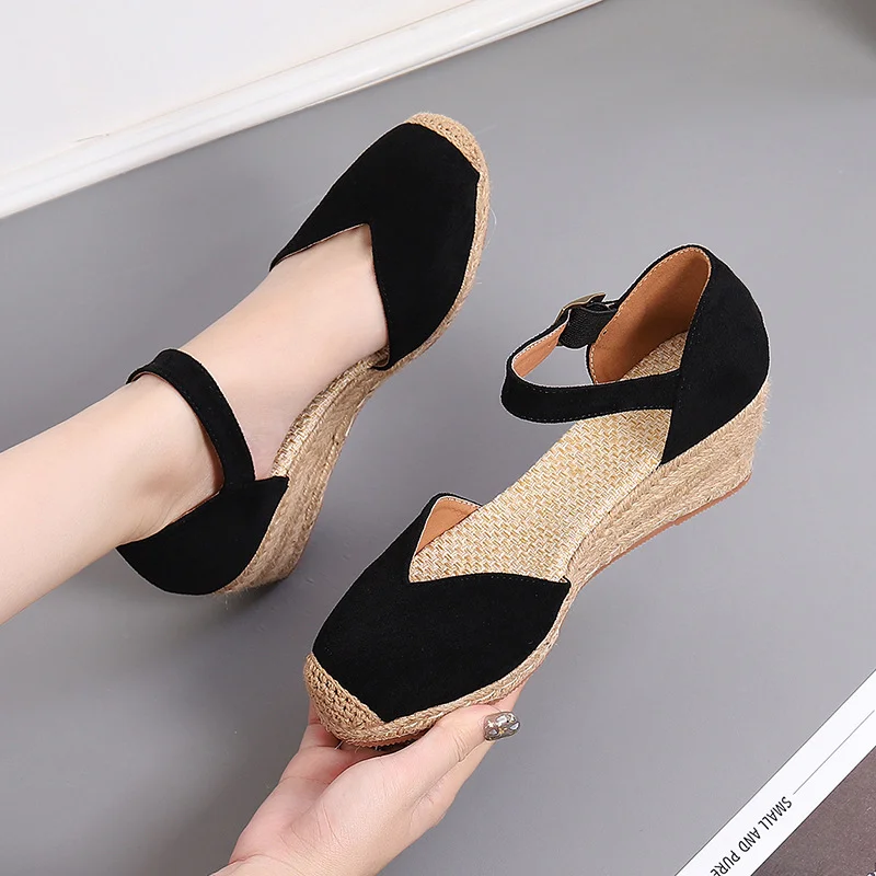 Wongn Wongn Shoes Female Slope Heel Platform New Spring And Autumn Suede One Word Buckle High Heel Hollow Single Shoe Straw Woven
