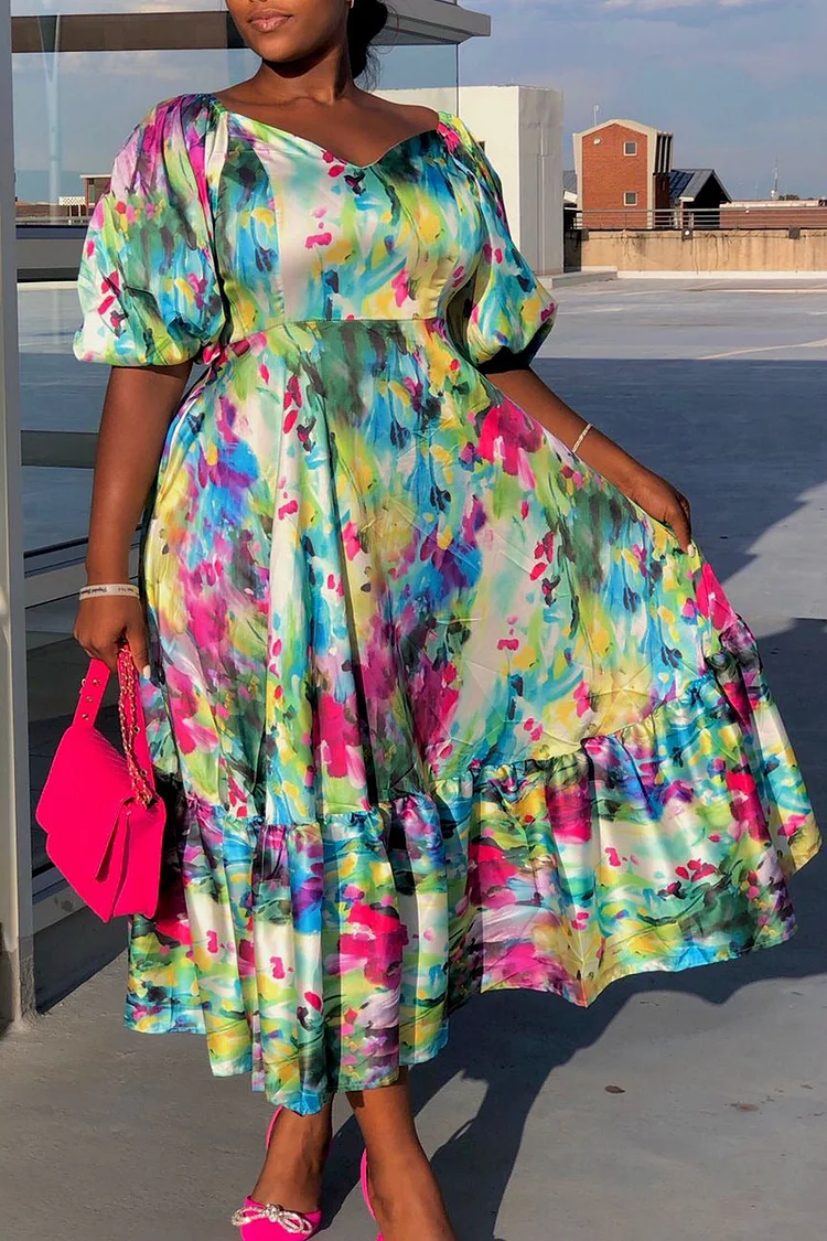Plus Size Multicolor Boho Vacation All Over Print Puffy Sleeve V-neck Midi Dresses [Pre-Order]