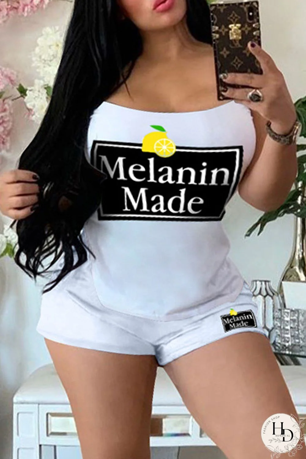 White Casual Living Print Vests Spaghetti Strap Sleeveless Two Pieces