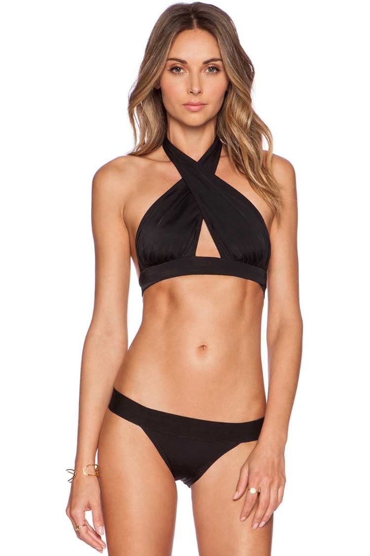 Solid Wrap Halter Bikini Swimsuit - Two Piece Set-elleschic