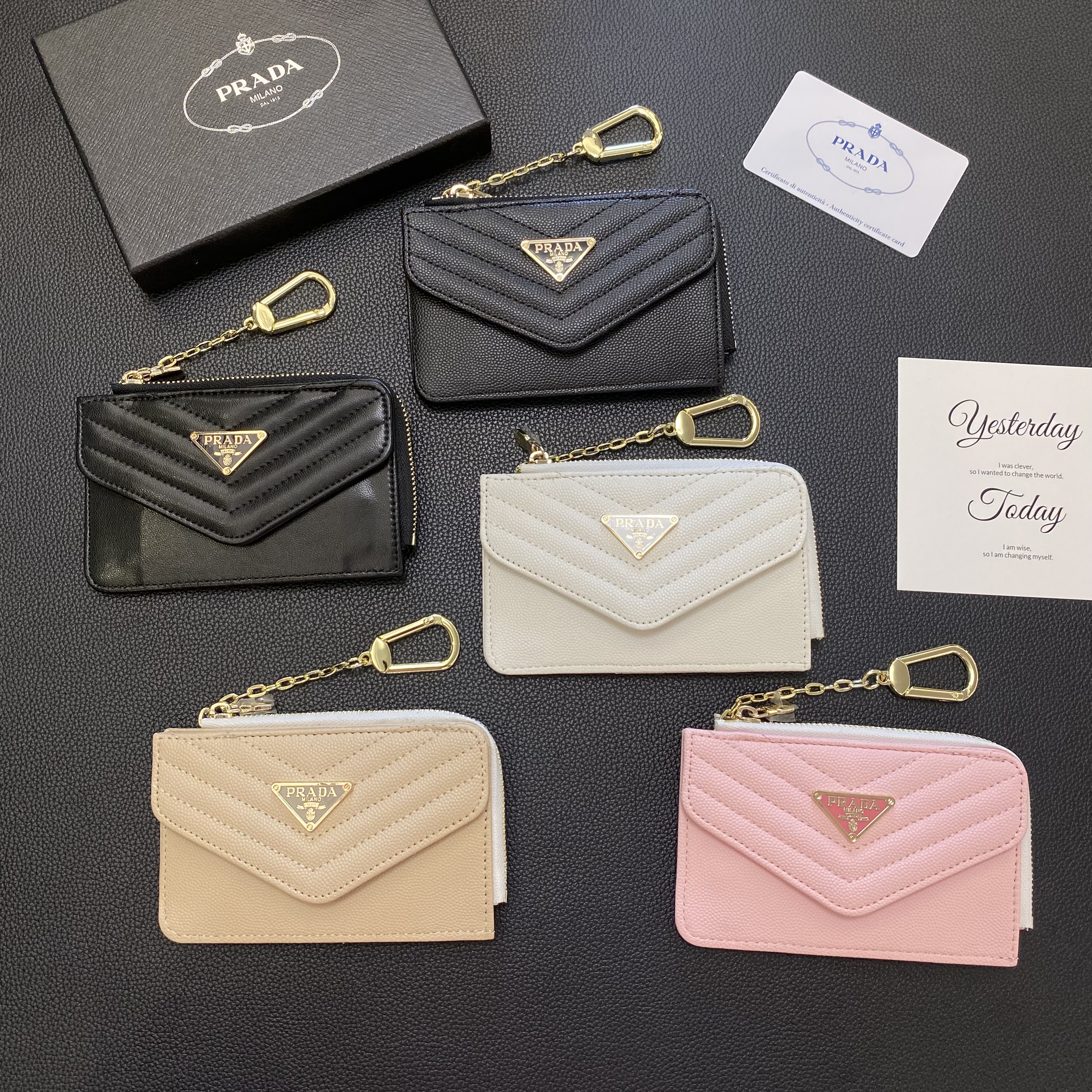 Prada Luxury Genuine Leather Wallet Card Holder Secure Zip Bag