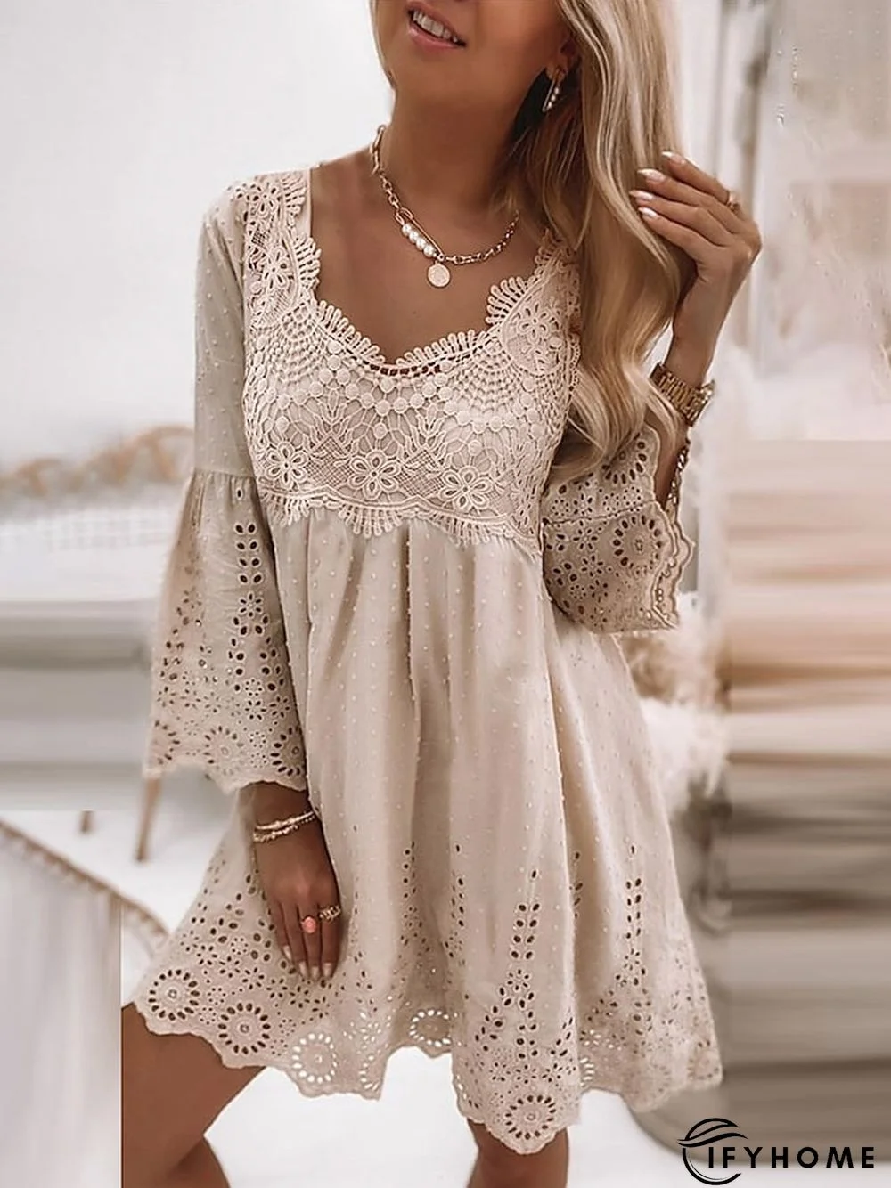 Women's Casual Dress Lace Dress Summer Dress Plain Lace Hollow Out U Neck Mini Dress Fashion Streetwear Outdoor Daily 3/4 Length Sleeve Loose Fit White Green Apricot Spring Summer S M L XL XXL | IFYHOME