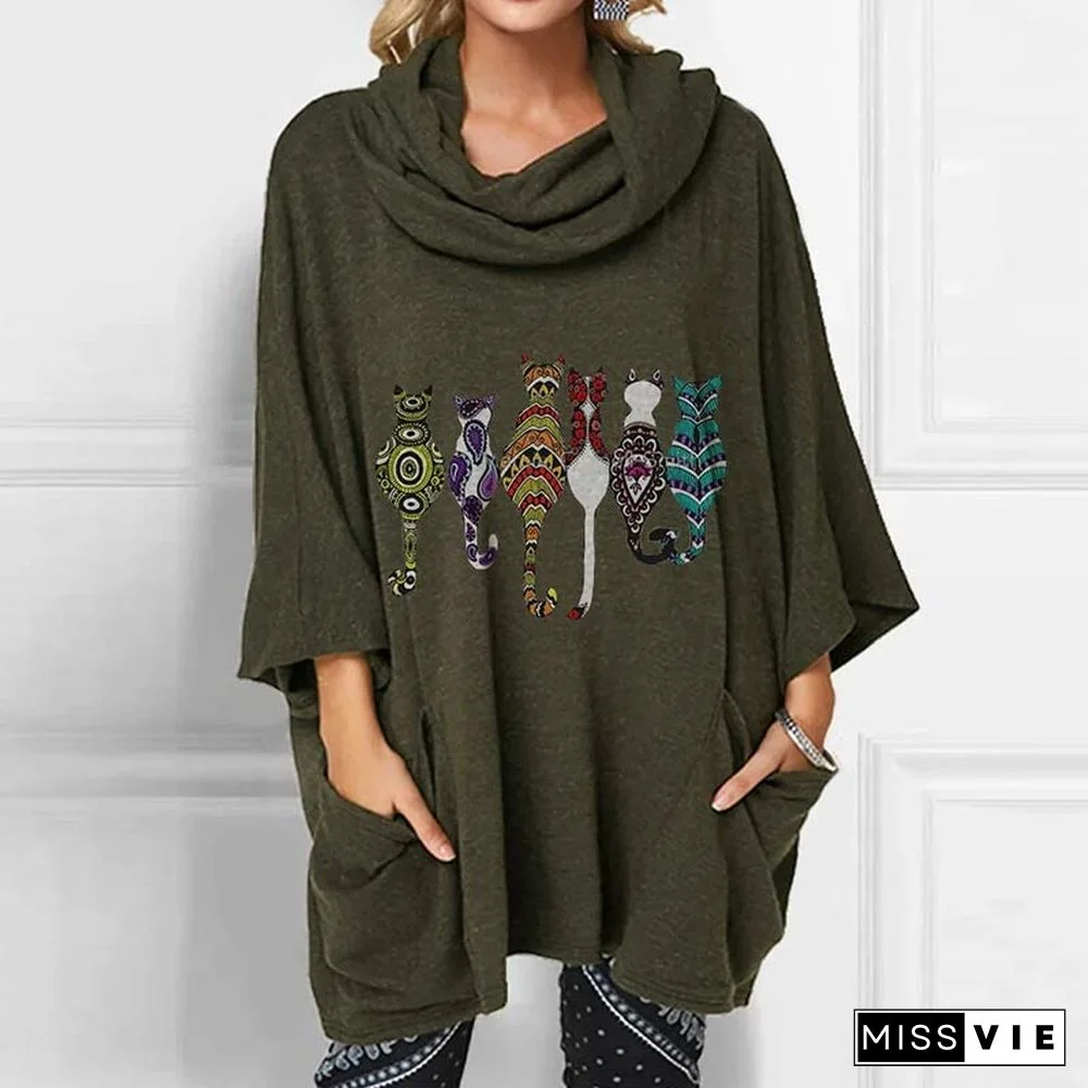 Cartoon Kitty Print Pocket Loose Shirt