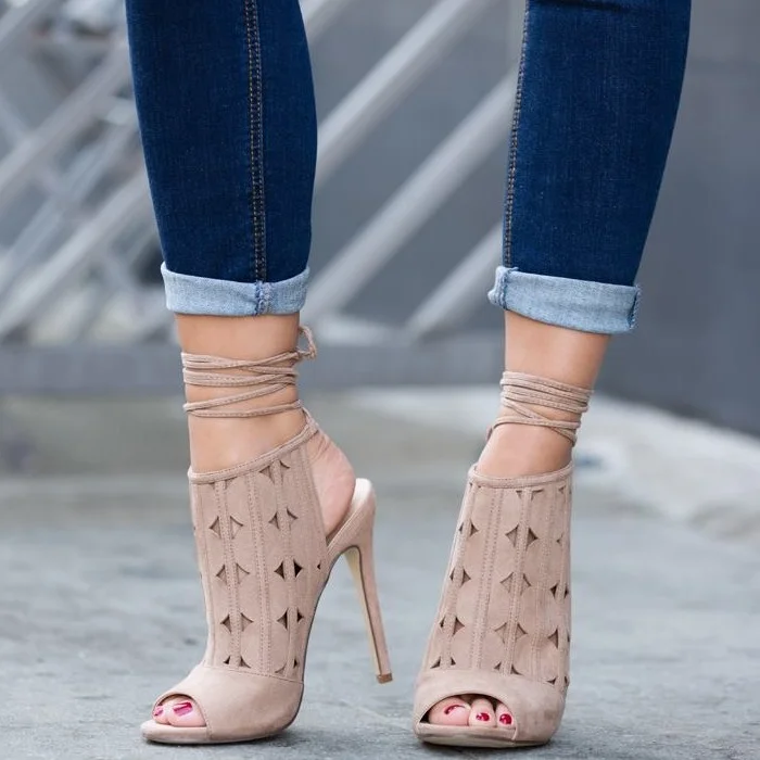 Nude Hollow Out Strappy Heel Slingback Summer Boots Vdcoo