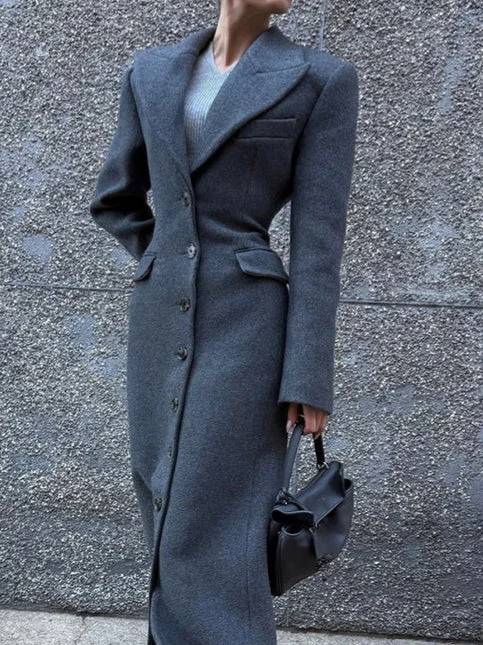 Women's Long Sleeve V-neck Solid Color Temperament Buttons Slit Coats