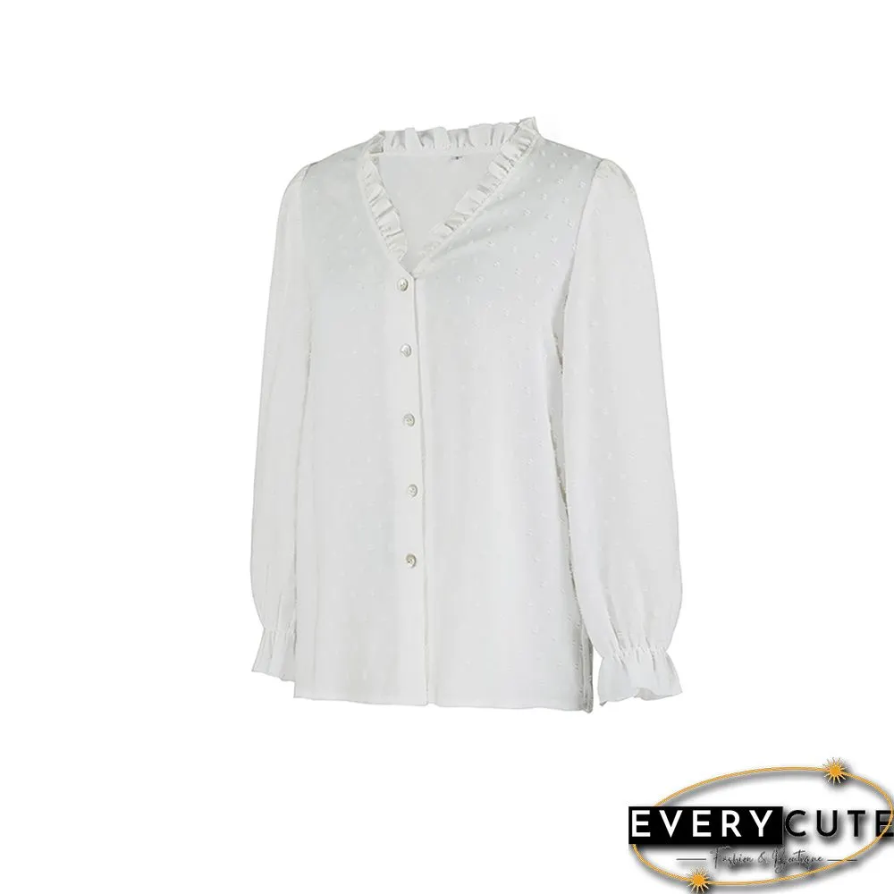 White Ruffle Detail Button V Neck Shirt