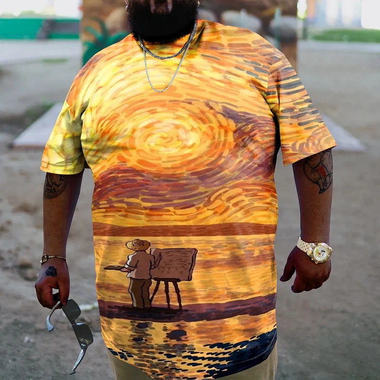 Men's Plus Size Sunset Painter Print Short Sleeve T-Shirt
