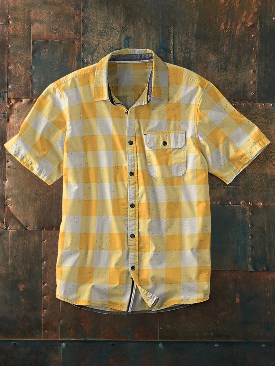Men's Yellow Plaid Patch Pocket Short-Sleeved Cotton and Linen Shirt
