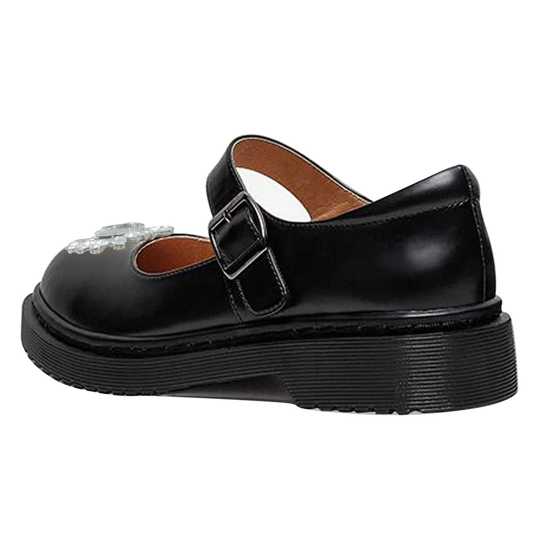 Black Vegan Leather Round Toe Rhinestone Embellished Mary Jane Shoes 