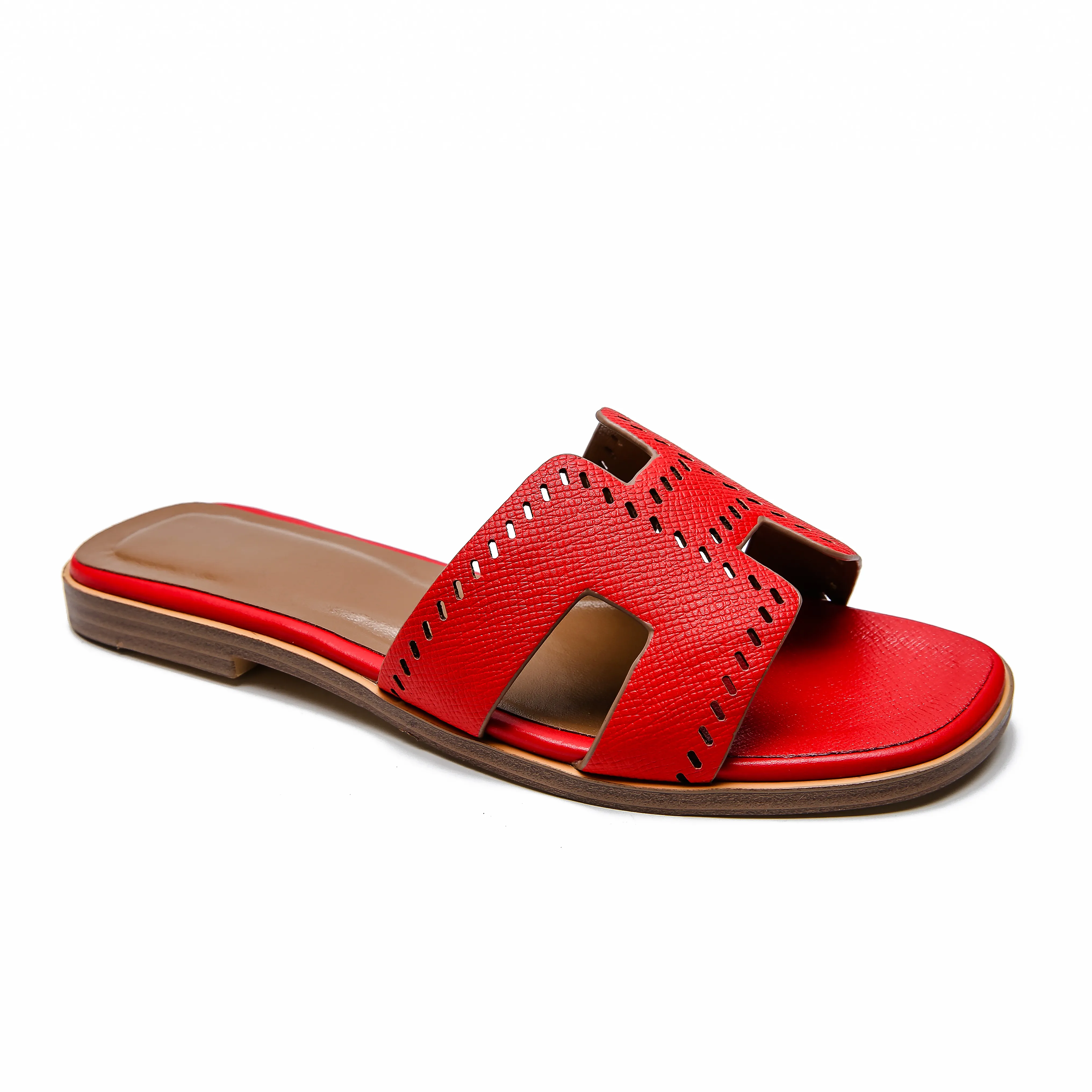 H-shape Leather Slipper Red Lychee Pattern Flats-vocosishoes