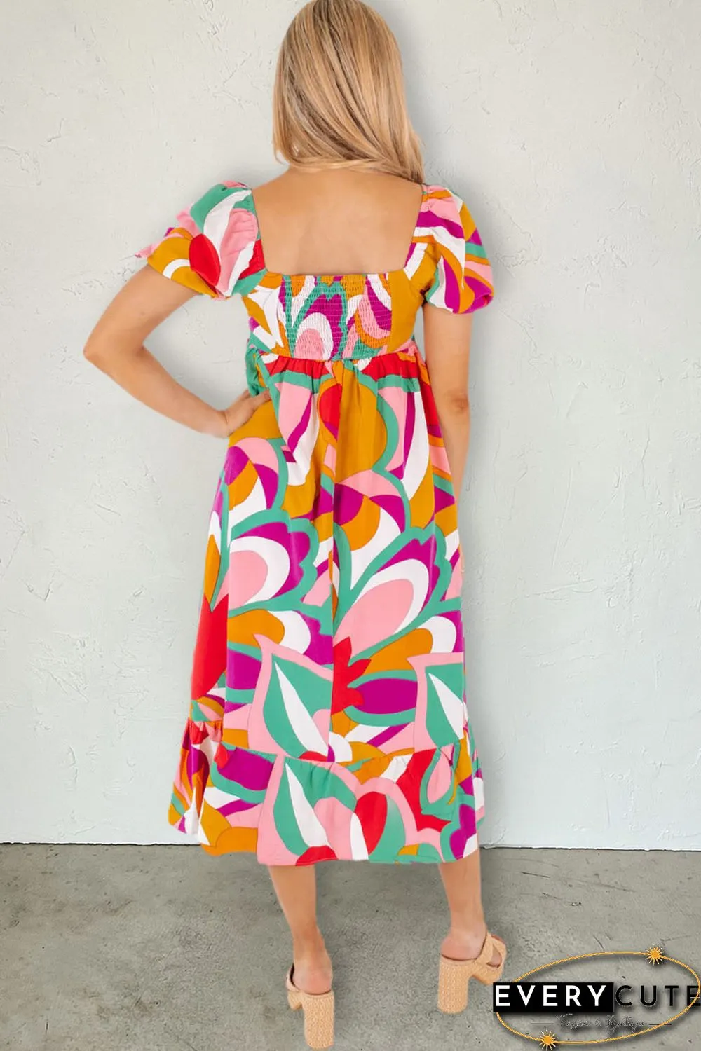 Red Abstract Print Square Neck Flowy Midi Dress