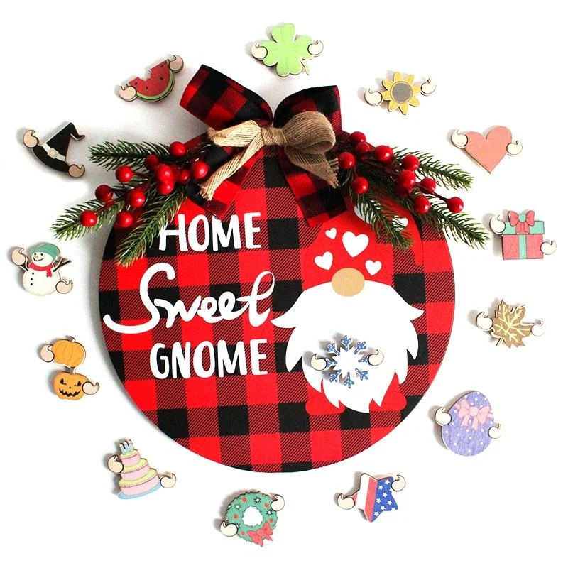 Christmas Wooden Gnome Door Sign Interchangeable Hanging Decoration