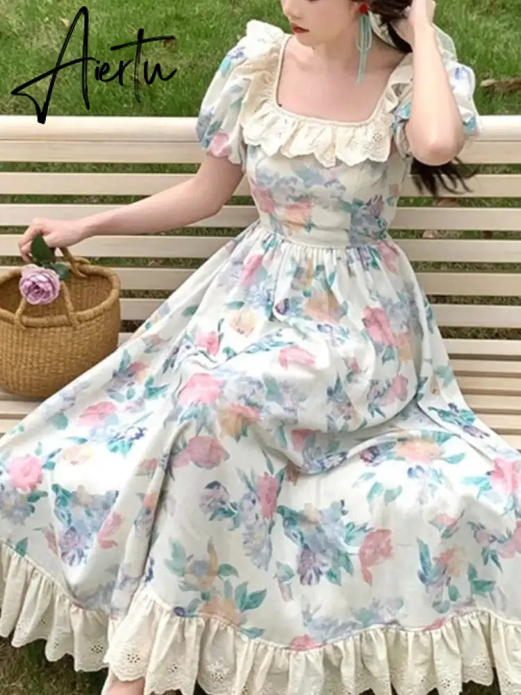 Aiertu Floral Print France Sweet Dress Women Patchwork Vintage Midi Dress Female Ruffle Flounce Korean Fashion Elegant Party Dress Aiertu