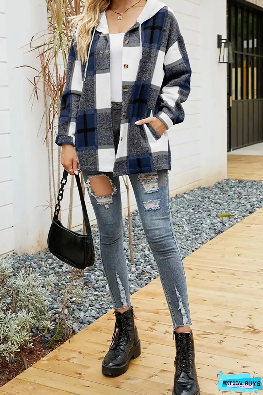 Drawstring Hooded Plaid Shacket Coat With Pocket