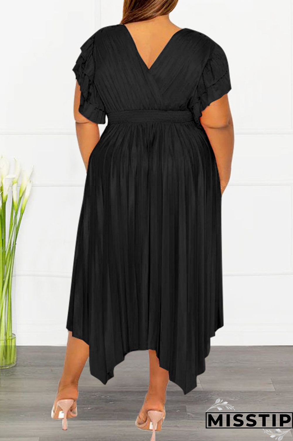 Pink Casual Solid Patchwork V Neck Pleated Plus Size Dresses