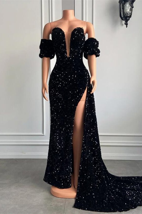 Luluslly Sequins Mermaid Prom Dress Slit With Detachable Sleeve