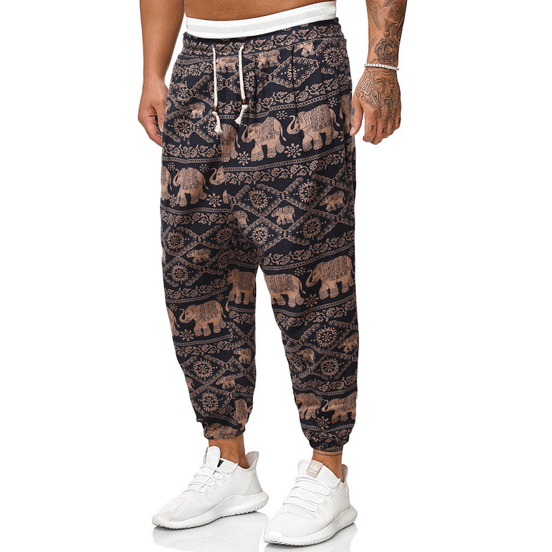 Casual Harem Pants Men'S Ethnic Style Cotton and Linen Loose Cropped Trousers