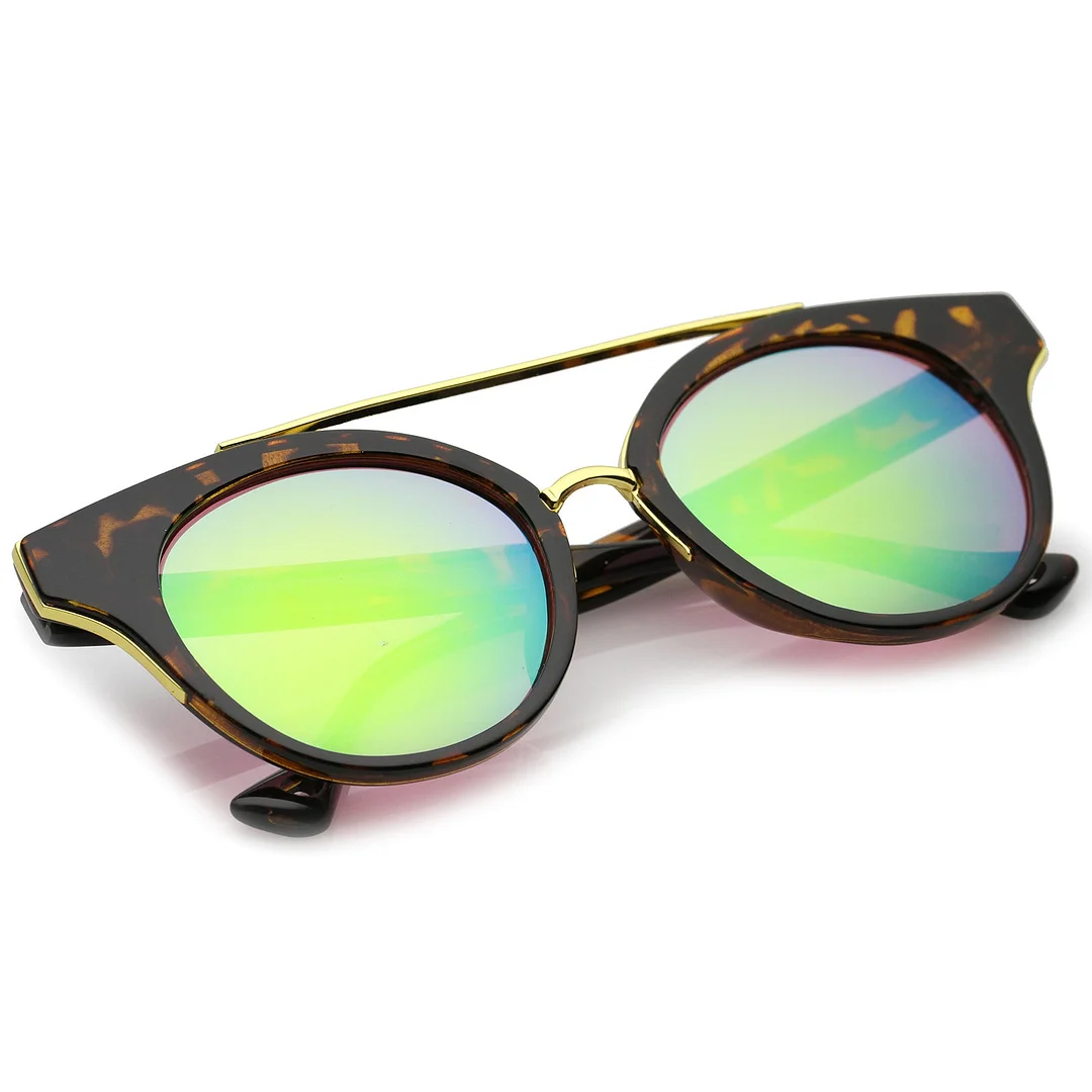 Double Nose Bridge Round Colored Mirror Lens Cat Eye glasses 51mm