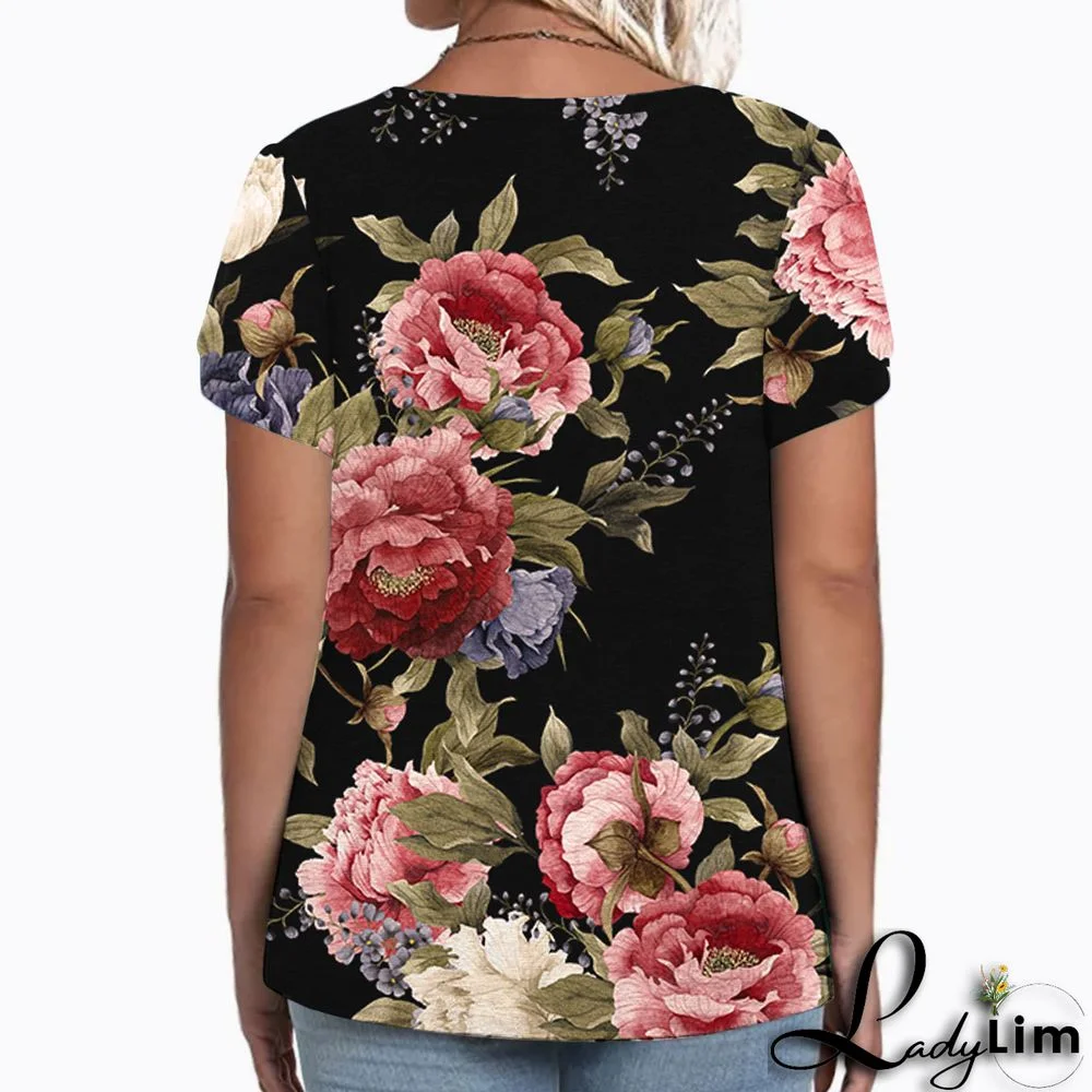 V-Neck Plus Size Ladies Short Sleeve T-Shirt Printed Top