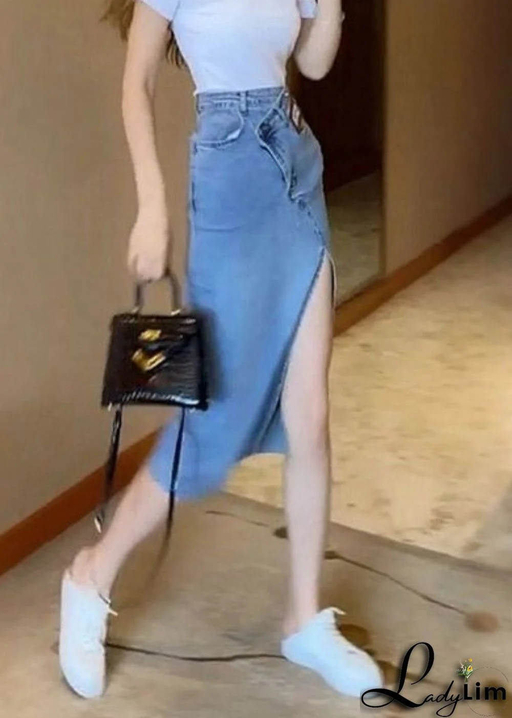 Natural Blue Sashes Patchwork High Waist Denim Maxi Skirts