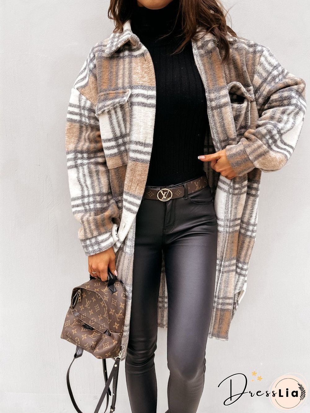 Autumn Winter Long Sleeve Plaid Print Coat
