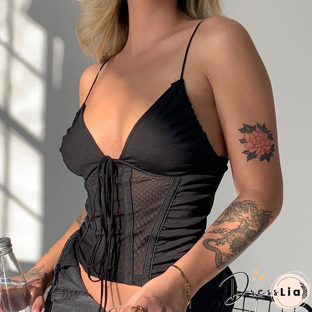 Sexy V-Neck Stitching See-Through Backless Strap Tube Top European And American Women's Clothing New Spring And Summer Fashion