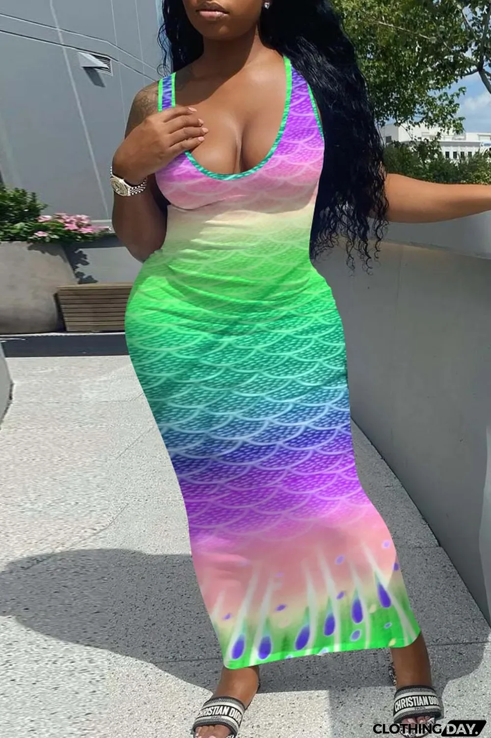 Blue Fashion Sexy Gradual Change Print Basic U Neck Vest Dress