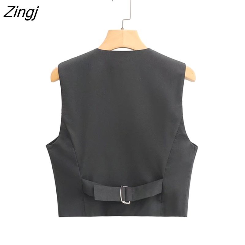 Zingj Women Fashion V Neck Sleeveless Short Vest Jacket Office Ladies Black Trip Band Design WaistCoat Breasted Tops CT1641