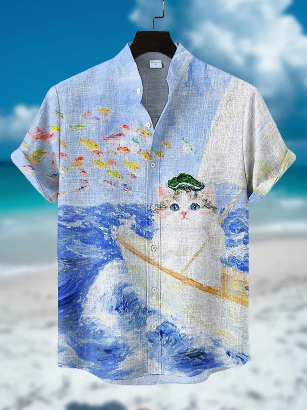 Men's Sailor Cat Oil Painting Art Print Short Sleeve Shirt