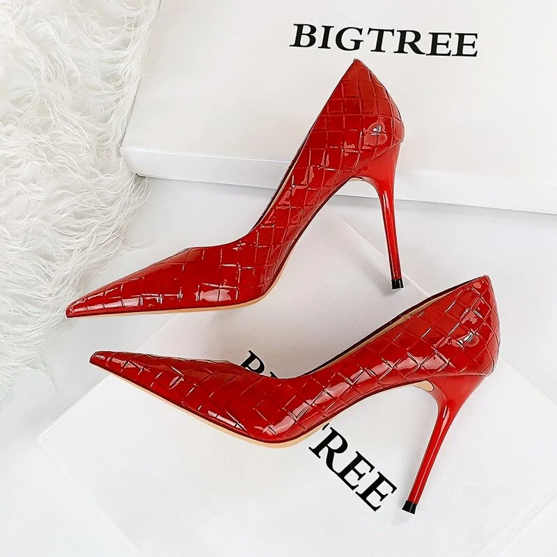 Brand Luxury Women's Green High Heels Shoes Sexy Party Braided Pumps Ladies Fashion Leather Shoes Wave Plus Size Office Career