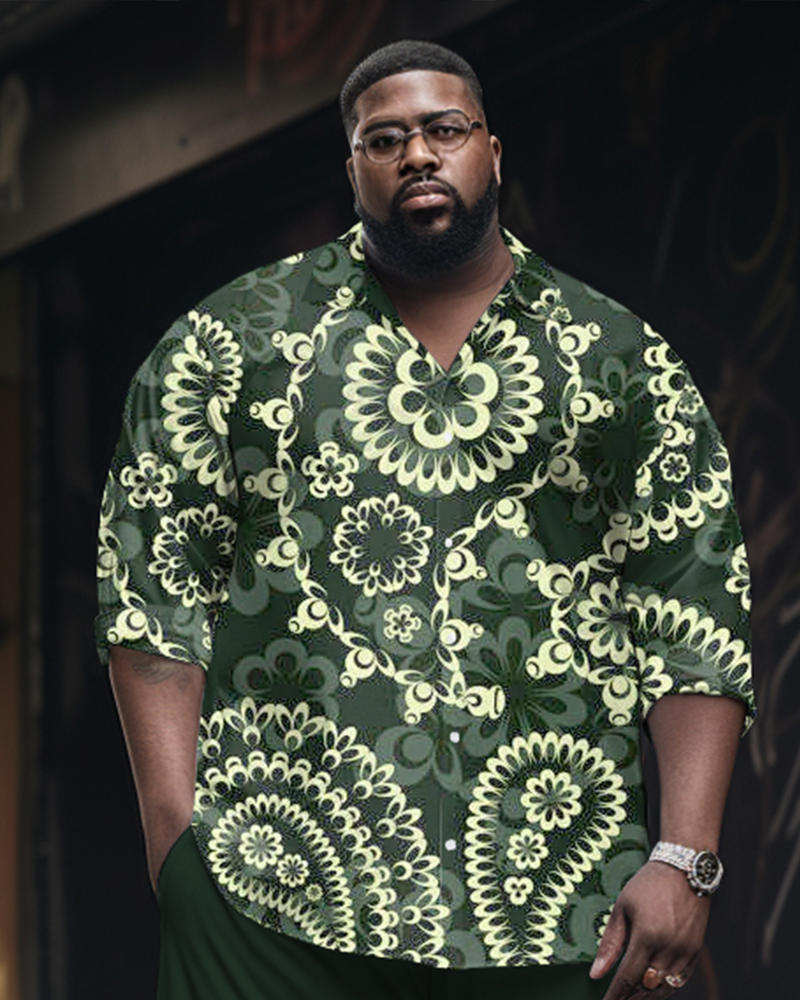 Men's Plus Size Retro Cashew Flower Texture Printed Long Sleeve Lapel Shirt 2 Piece Set