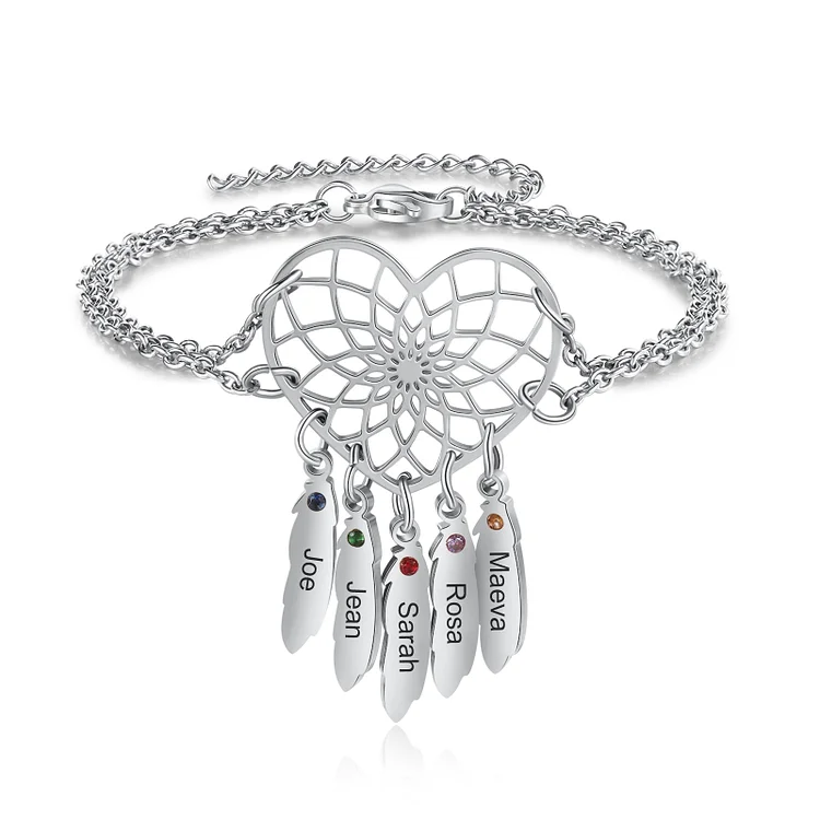 Heart Dream Catcher Bracelet Custom 5 Names Birthstones Bracelet for Women