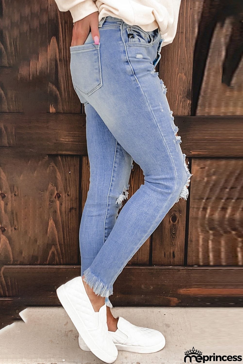 Fashion Light Blue Washed Ripped Holes Jeans