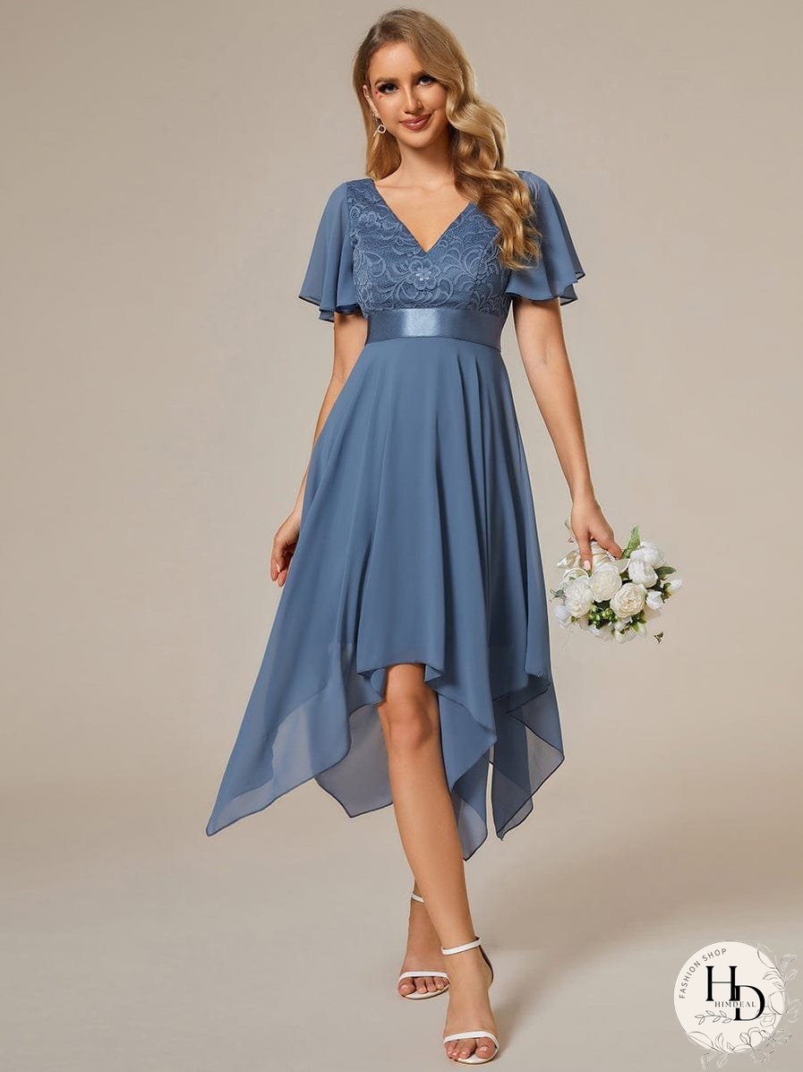 V-Neck Asymmetrical Dress with Short Sleeves