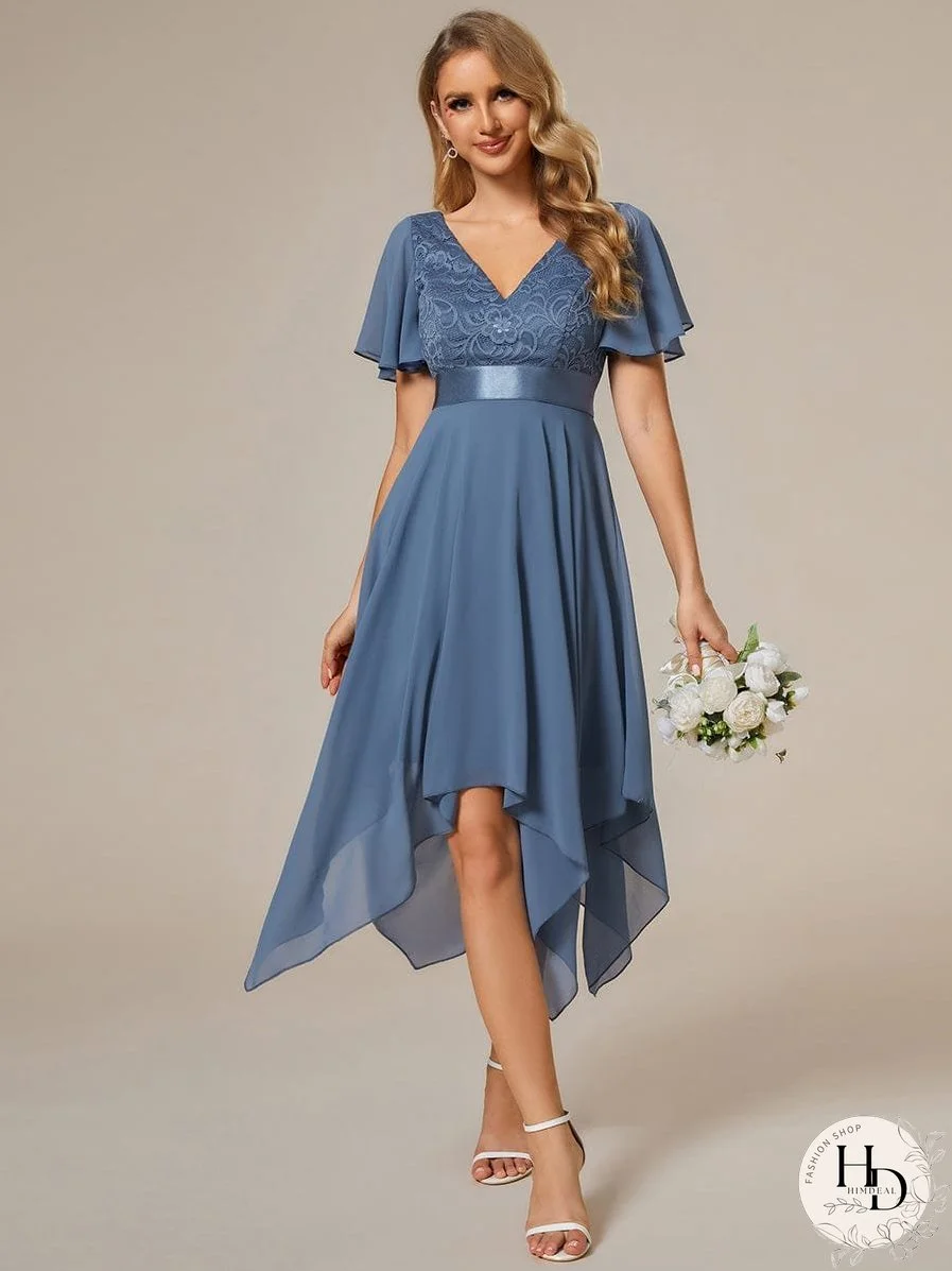 V-Neck Asymmetrical Dress with Short Sleeves