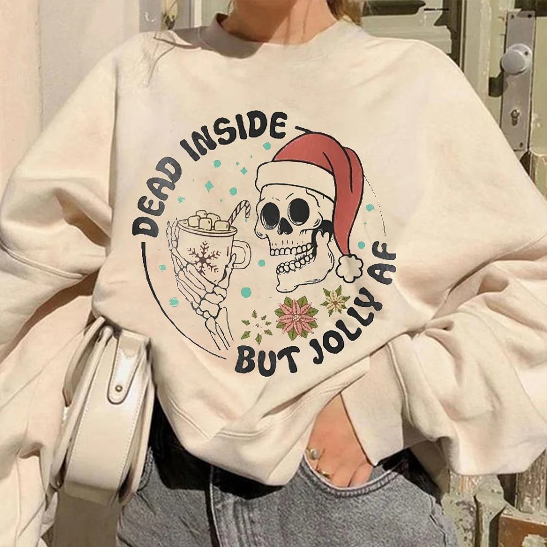 DEAD INSIDE BUT JOLLY AF Skull Christmas  White Print Sweatshirt