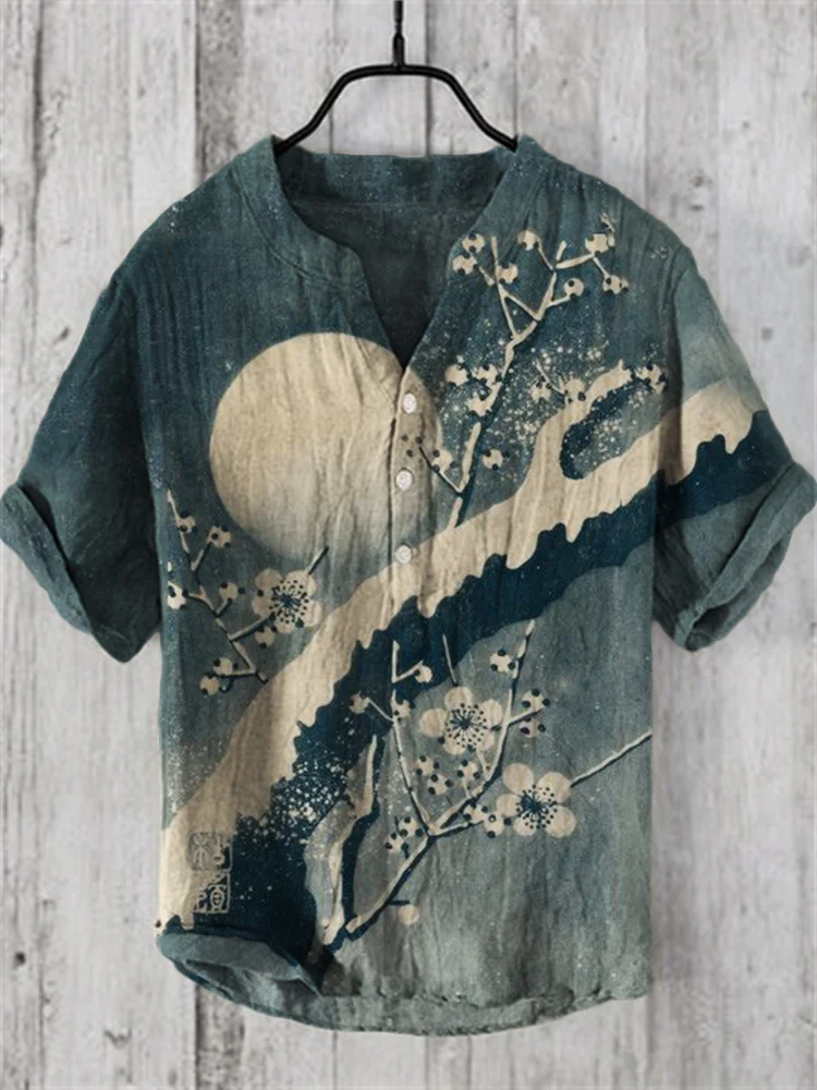 Comstylish Plum Blossom Full Moon Night Japanese Art Linen Blend Shirt
