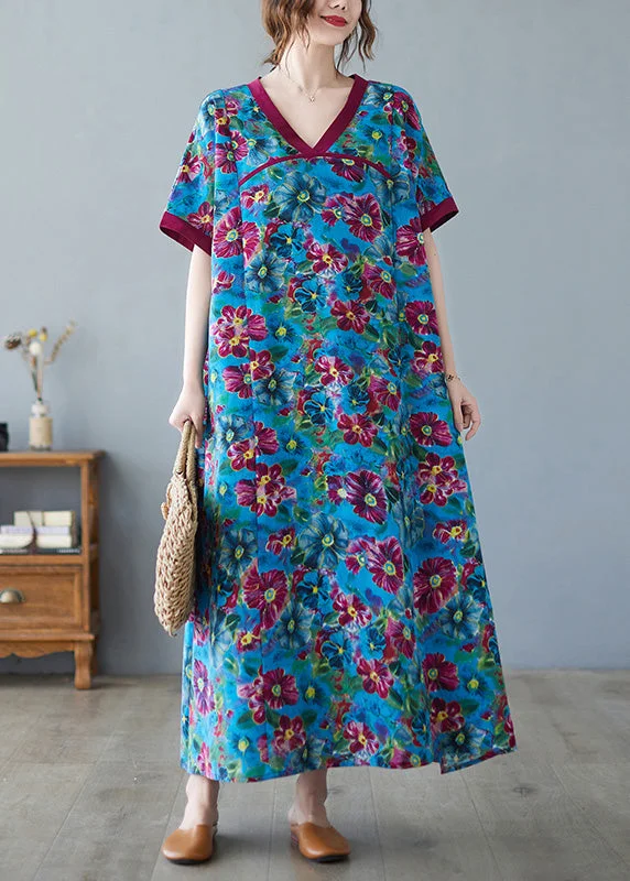 Art Blue Print Patchwork Cozy Long Dresses Summer