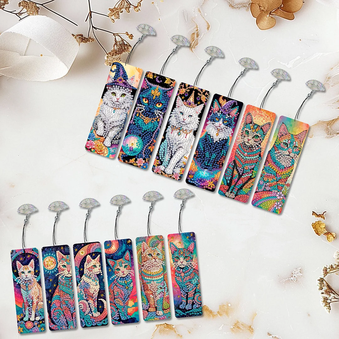 12Pcs Cat DIY Diamond Painting Bookmarks for Book Lovers Mosaic Art Supplies