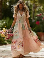 Women's Bohemian Patchwork Casual Vacation Short-sleeve Dress