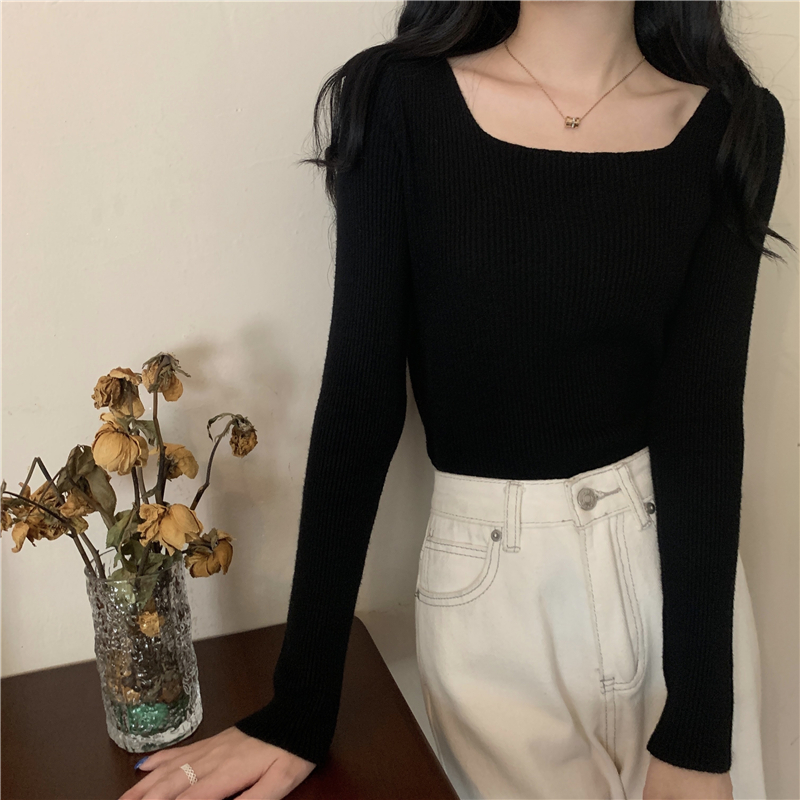SQUARE COLLAR KNIT LONG SLEEVE BOTTOMING TOP
