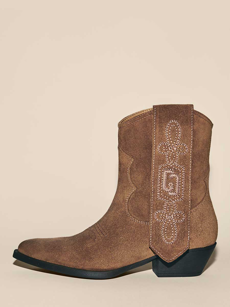 Brown Faux Suede Vintage Embroidered Detail Cowgirl Ankle Boots