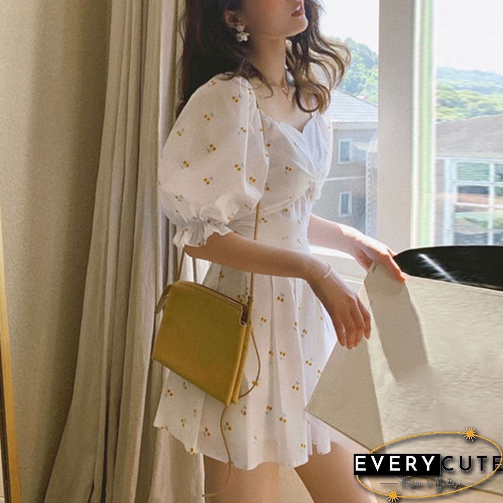 Summer Women's Sexy Low-Cut Puff Sleeve Floral Print White Mini Dress Plus Size Korean Fashion Short Pleated Dress