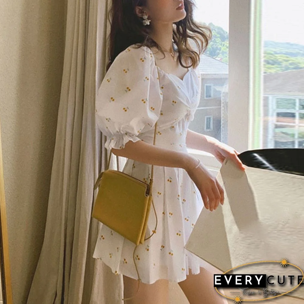 Summer Women's Sexy Low-Cut Puff Sleeve Floral Print White Mini Dress Plus Size Korean Fashion Short Pleated Dress