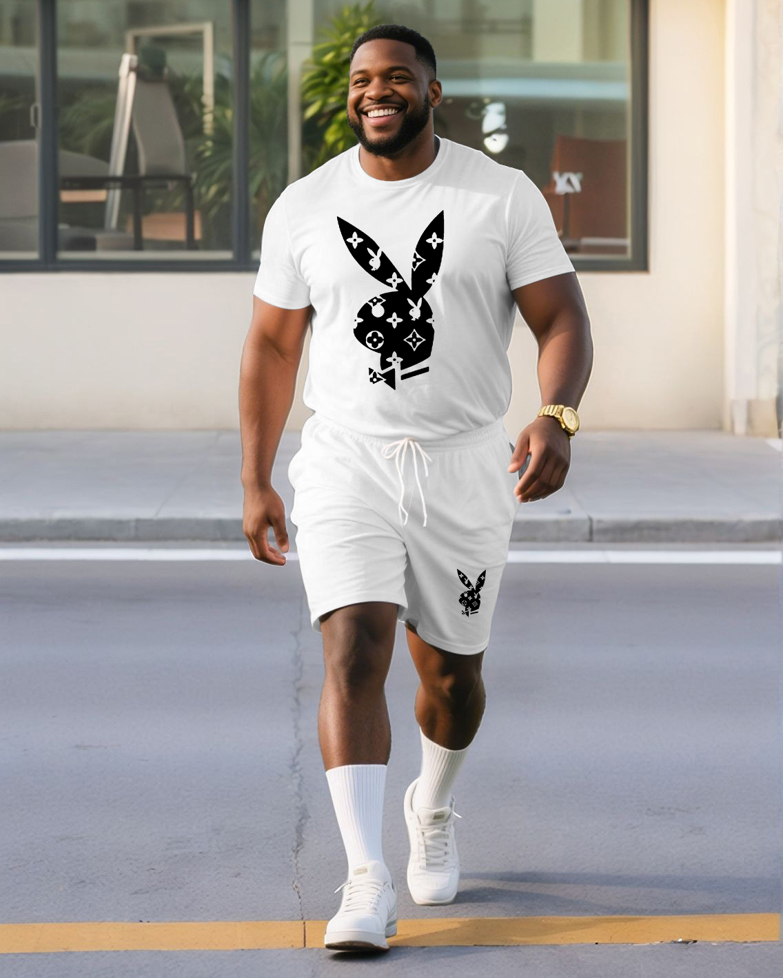 Big & Tall Men Funny Bunny Print Crewneck Short Sleeve T-Shirt Shorts Suit